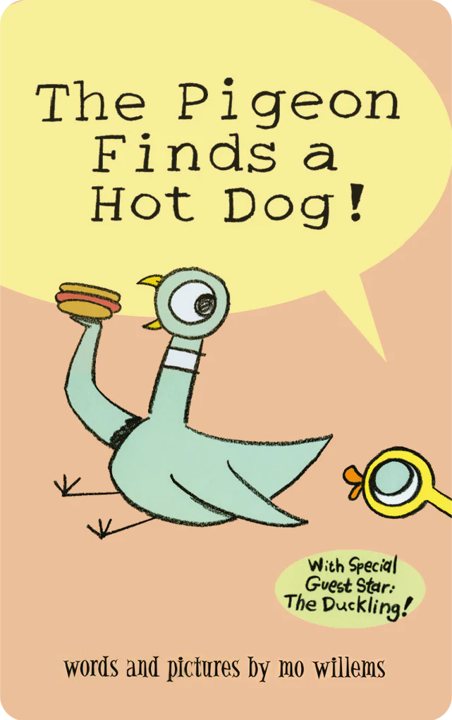 Illustration of a pigeon holding a hot dog with a speech bubble and a small duckling peeking in from the side.