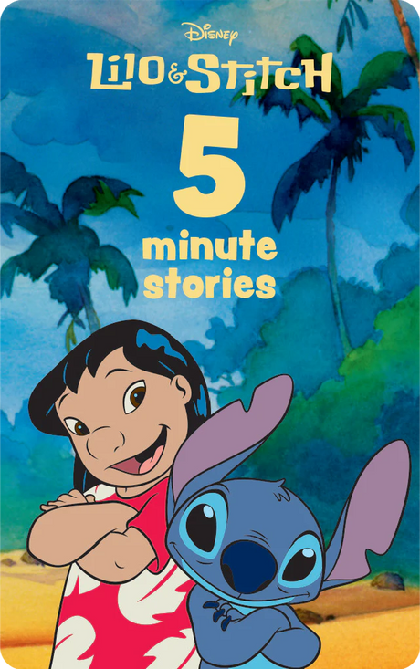 Lilo and Stitch standing with arms crossed on a tropical beach background with five minute stories text above them
