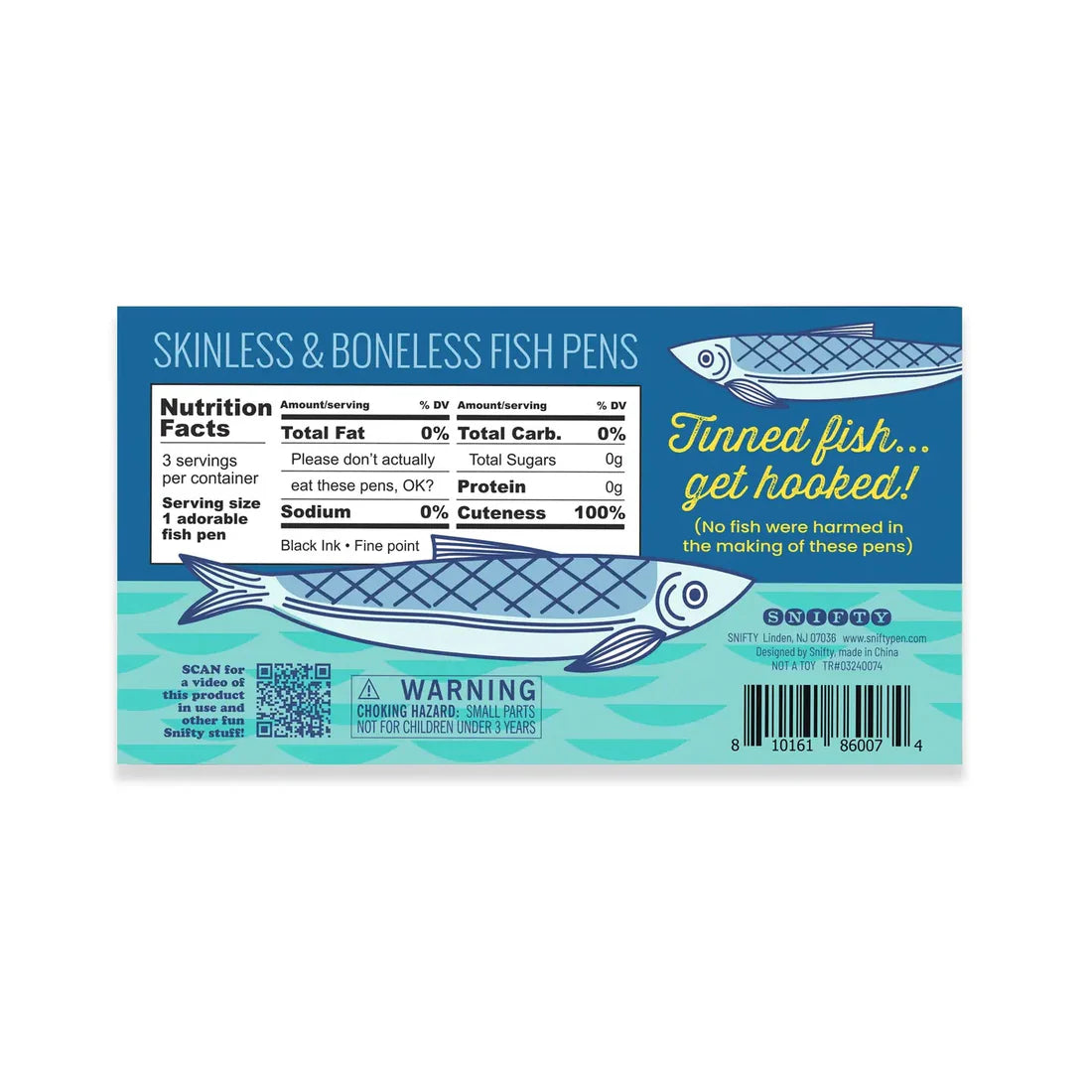 Colorful packaging for Tinned Fish Pens styled like a sardine can with nutrition facts and playful design details.