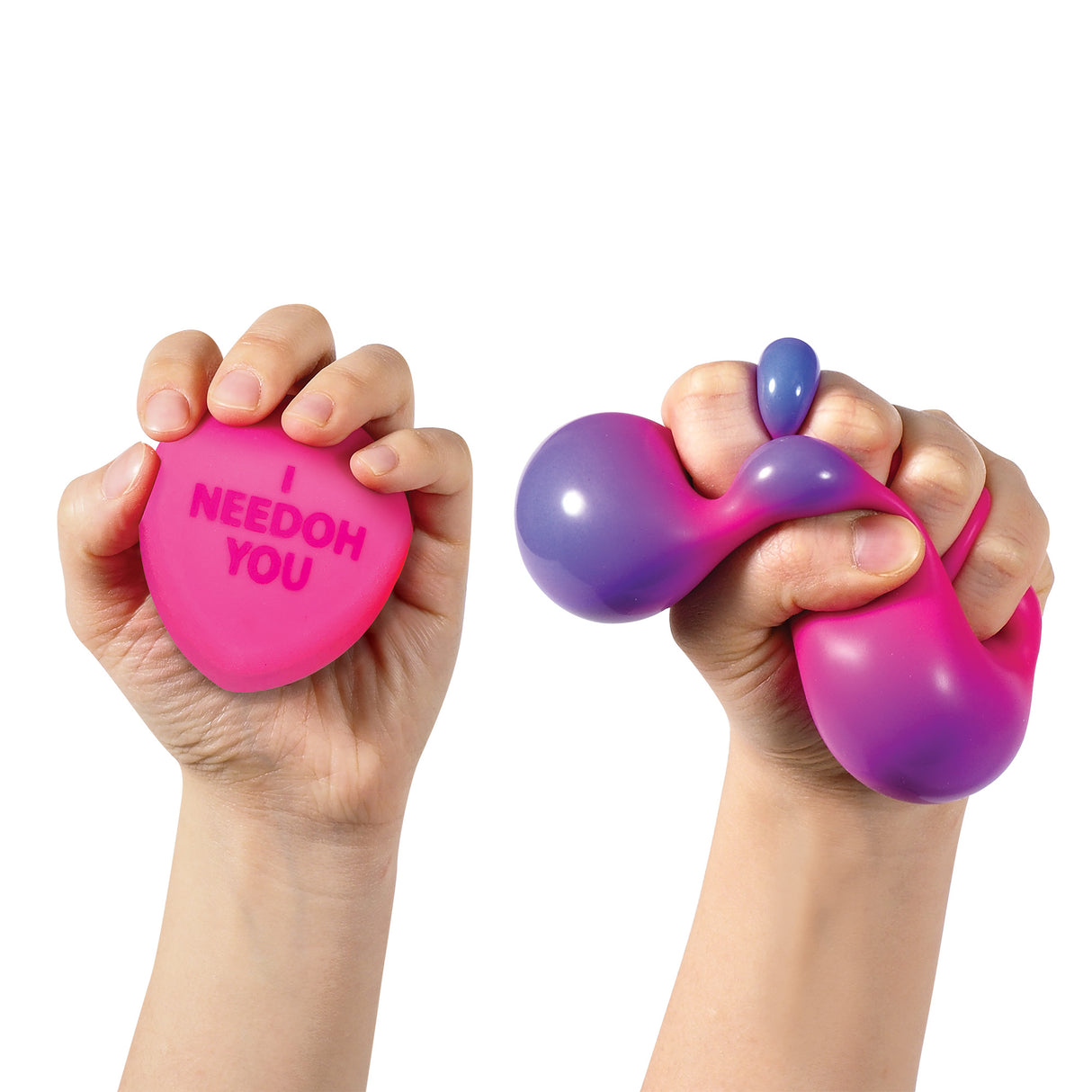 Hands squeezing the NeeDoh Color Change Squeeze Heart showing color change and “I Needoh You” message on pink heart.