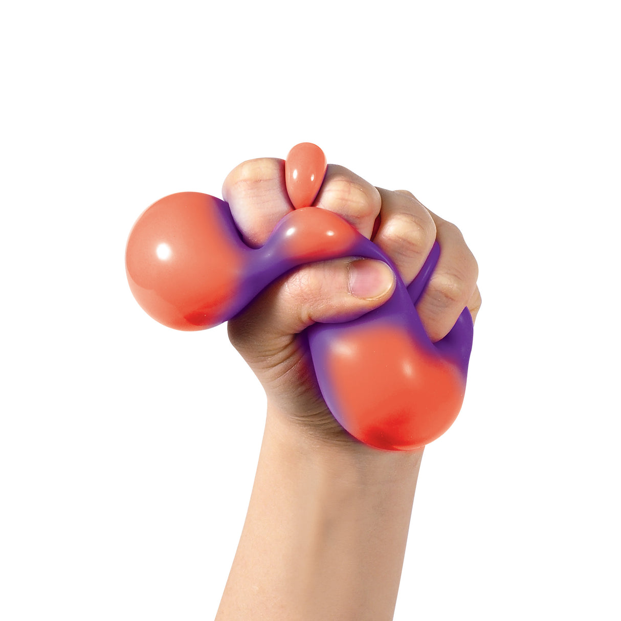 Hand squeezing NeeDoh Color Change Squeeze Heart showing purple and orange color shift in a stress relief toy.