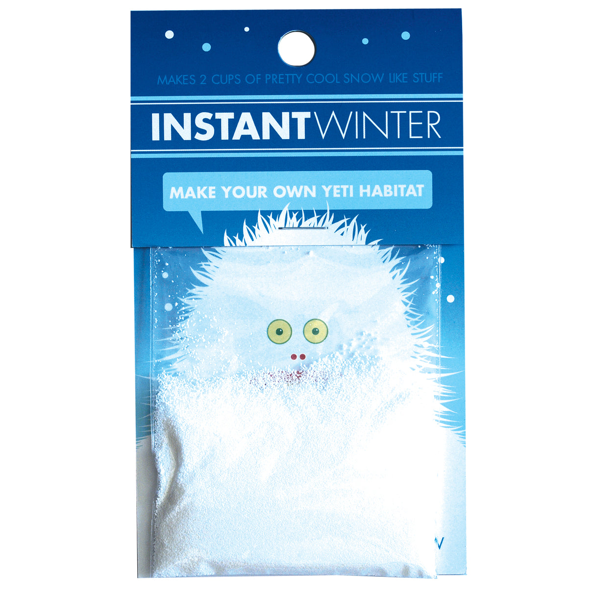 Instant Winter Snow packet with faux snow powder for making 2 cups of cool snow-like substance at home.