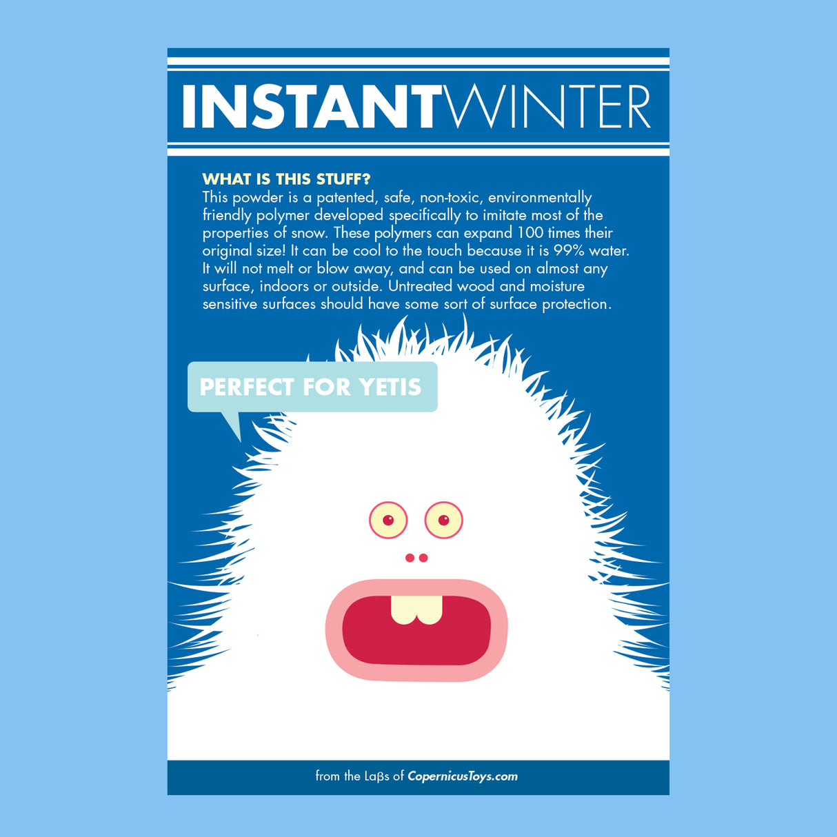 Instant Winter Snow product information with friendly yeti illustration on blue background.