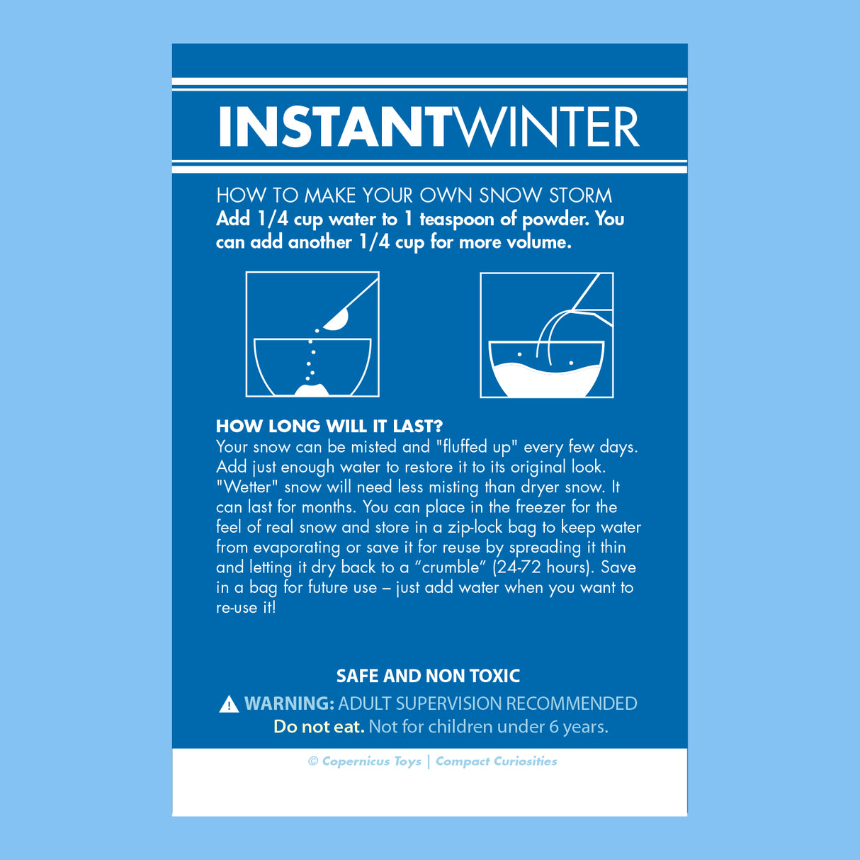Instant Winter Snow packet showing instructions to create snow-like polymer powder with water for fun winter play.