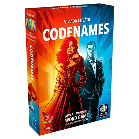Box of Codenames 2.0 party word game featuring two illustrated agents on blue and orange background.