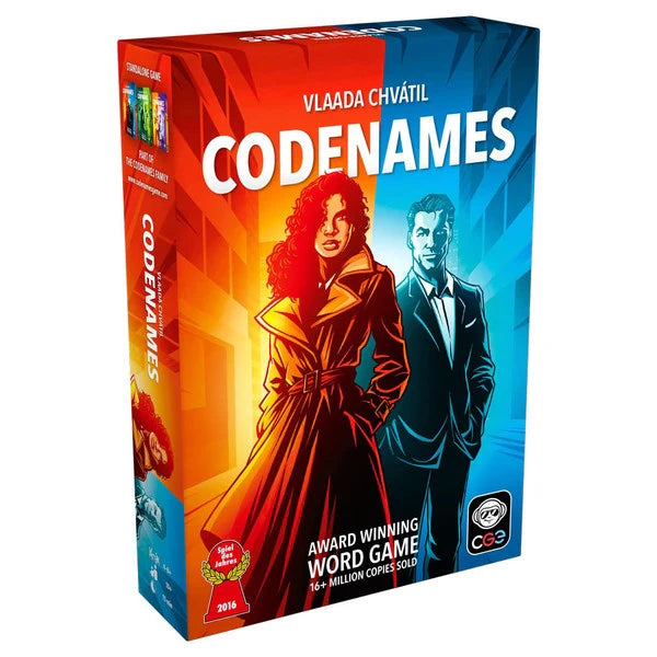 Box of Codenames 2.0 party word game featuring two illustrated agents on blue and orange background.
