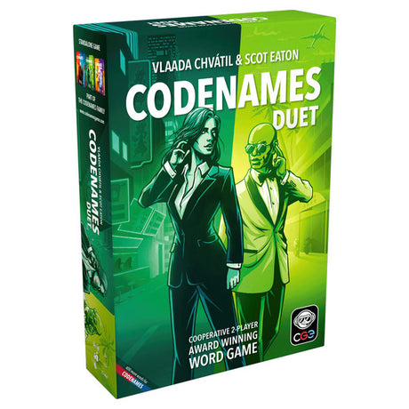 Box of Codenames Duet cooperative word game featuring two agents in a green-themed design on the cover