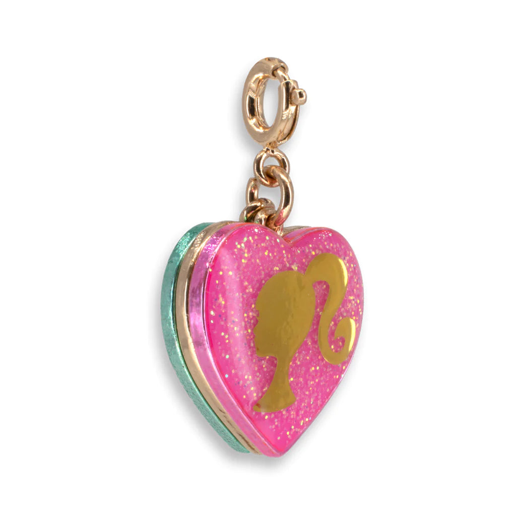 Gold Barbie Girl Heart Charm featuring pink glitter enamel heart with gold Barbie silhouette and teal back layer charm