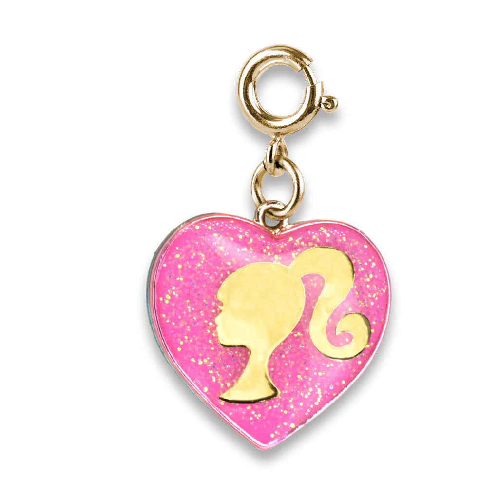 Gold Barbie Girl Heart Charm with pink glitter enamel and gold silhouette of Barbie's head and ponytail in heart shape