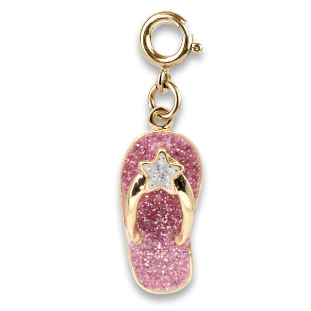 Gold Glitter Flip Flop Charm featuring pink glitter enamel and a gold star detail for a fun summer vibe accessory.