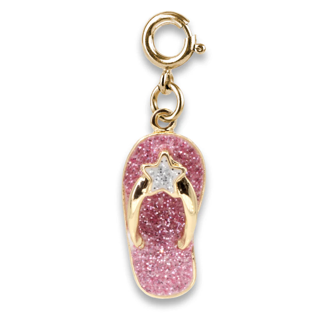 Gold Glitter Flip Flop Charm featuring pink glitter enamel and a gold star detail for a fun summer vibe accessory.