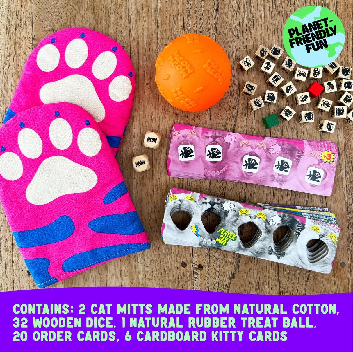 The Cat Mitt Game set includes colorful cat mitts, wooden dice, treat ball, and kitty cards for playful fun.
