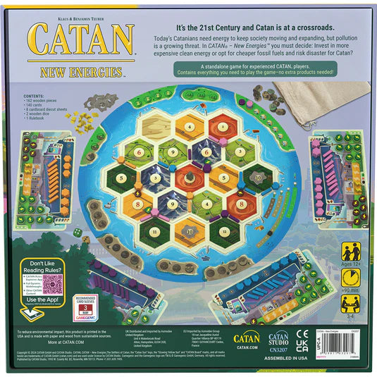 Back of Catan: New Energies game box showing the board, components, and gameplay overview for ages 14+ and 3-4 players.