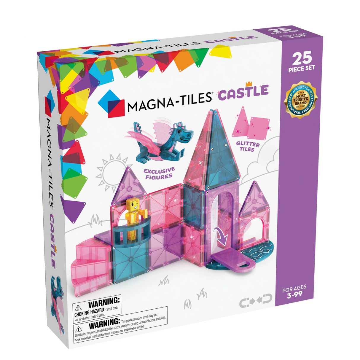 Magnatiles Castle 25-piece set with drawbridge, dragon figure, balcony, spiral staircase, and glitter tiles for creative play.