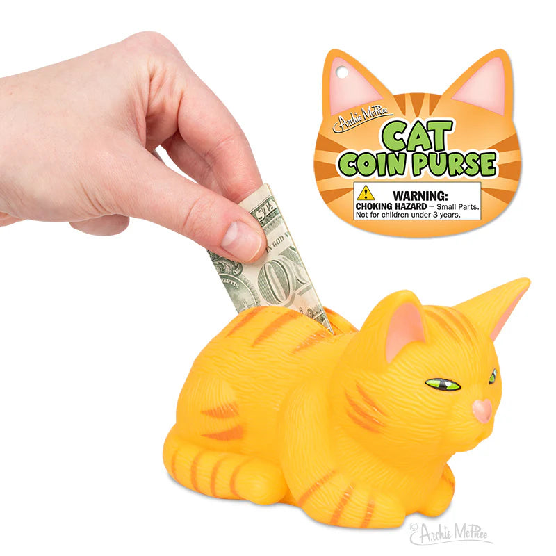 Cat Coin Purse | Orange Tabby with paw zipper pull holding a dollar bill in soft vinyl coin purse shaped like an orange cat.