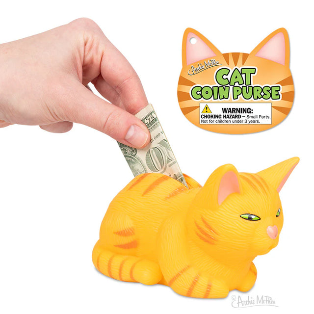 Cat Coin Purse | Orange Tabby with paw zipper pull holding a dollar bill in soft vinyl coin purse shaped like an orange cat.