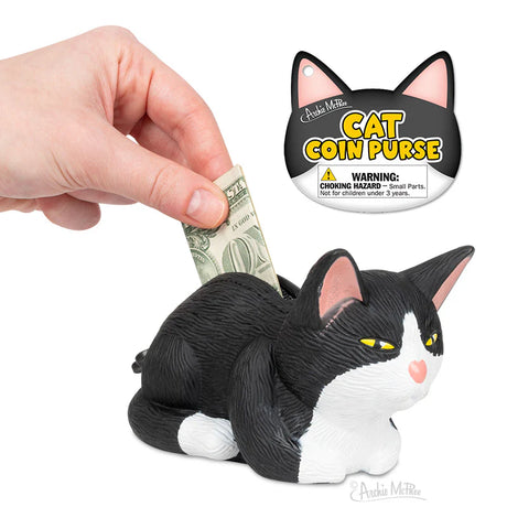 Cat Coin Purse | Tuxedo featuring a black and white cat with a paw zipper pull holding a dollar bill.