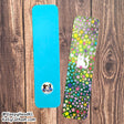 Cat & Flowers Bookmark showing a white cat among colorful flowers on one side and solid blue with artist logo on the back.