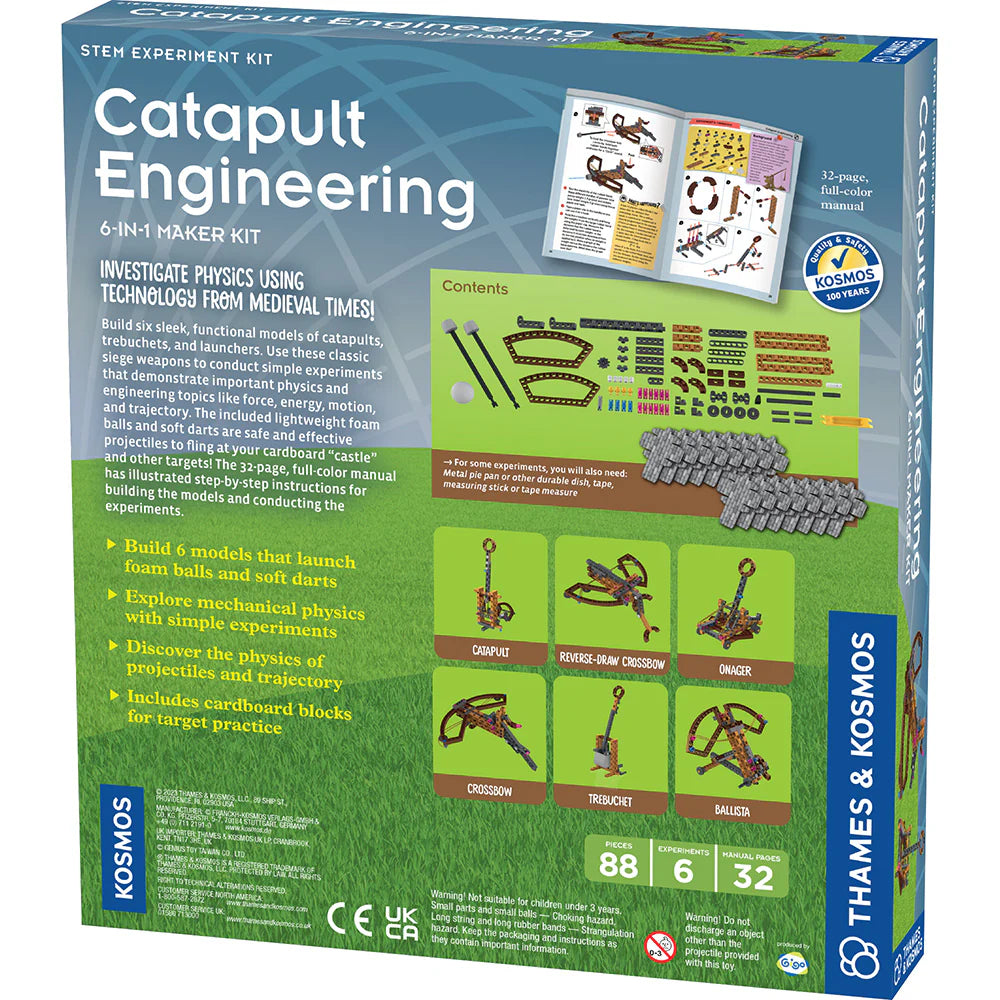 Catapult Engineering STEM kit box showing parts, instructions, and six medieval launcher models for physics experiments.