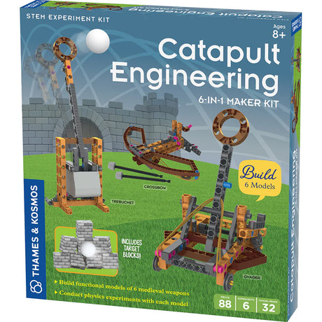 Catapult Engineering 6-in-1 maker kit with medieval siege weapon models and target blocks for physics experiments.