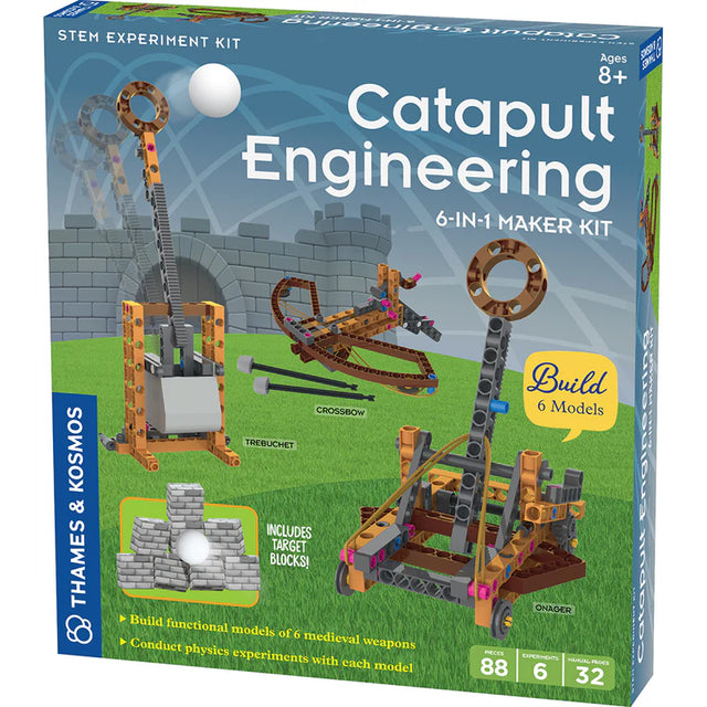 Catapult Engineering 6-in-1 maker kit with medieval siege weapon models and target blocks for physics experiments.