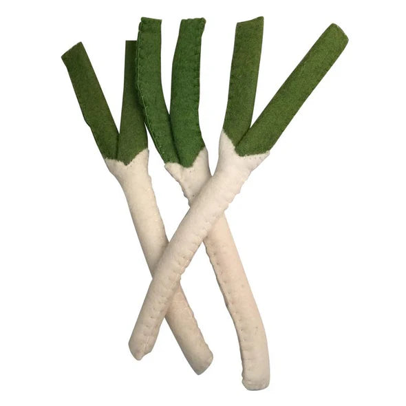 Handmade Felt Leek toy made from natural fibers and non-toxic dyes, approximately 11 inches long, fair trade.