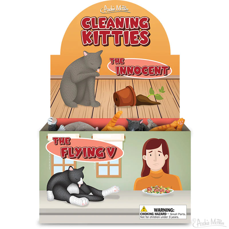 Cleaning Kitty soft vinyl cat figures in playful cleaning poses including The Innocent and The Flying V.