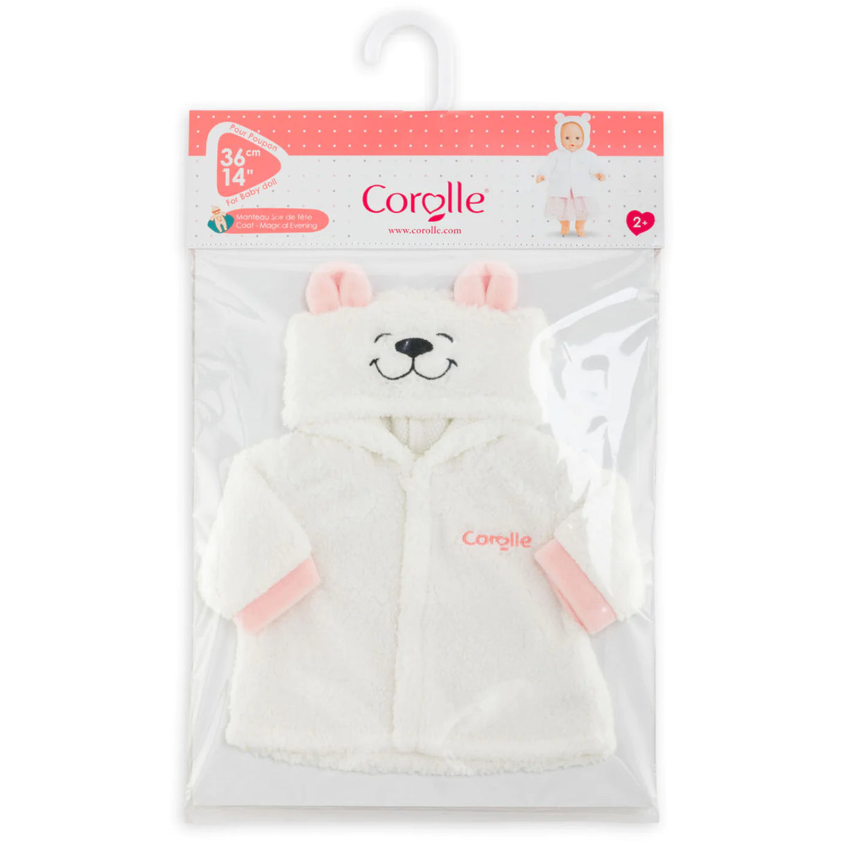 14in Magical Evening Coat soft white faux fur with bear hood and pink cuffs for 14 inch dolls in packaging