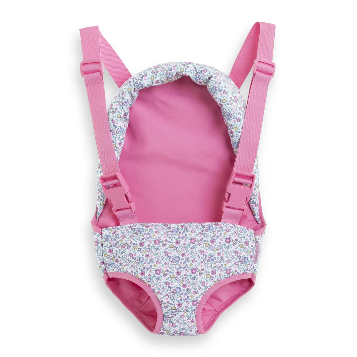 Pink and floral baby doll sling with adjustable straps and plastic closures for 14 to 17 inch dolls