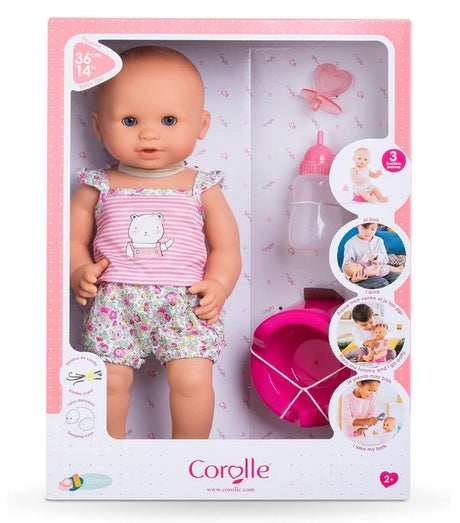Drink & Wet Emma doll with soft vinyl body, refillable bottle, pacifier, and potty for interactive play and potty training.