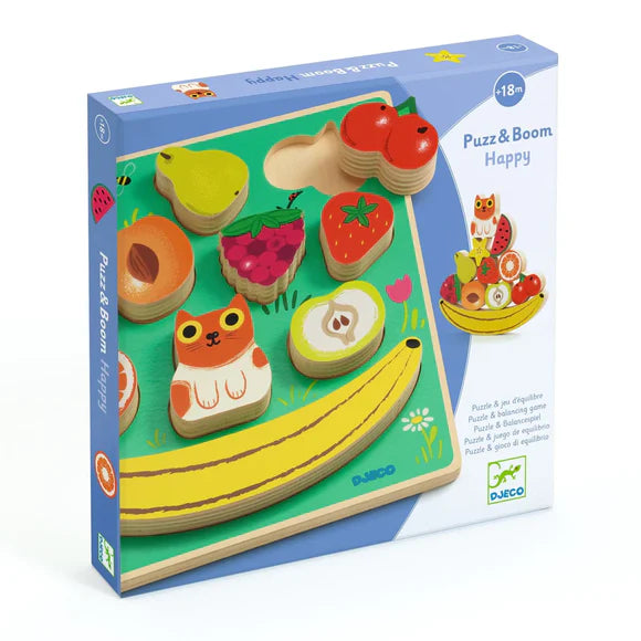 Puzz & Boom Happy Puzzle wooden 3D fruit and cat balancing game with 11 easy-grip pieces on banana base.