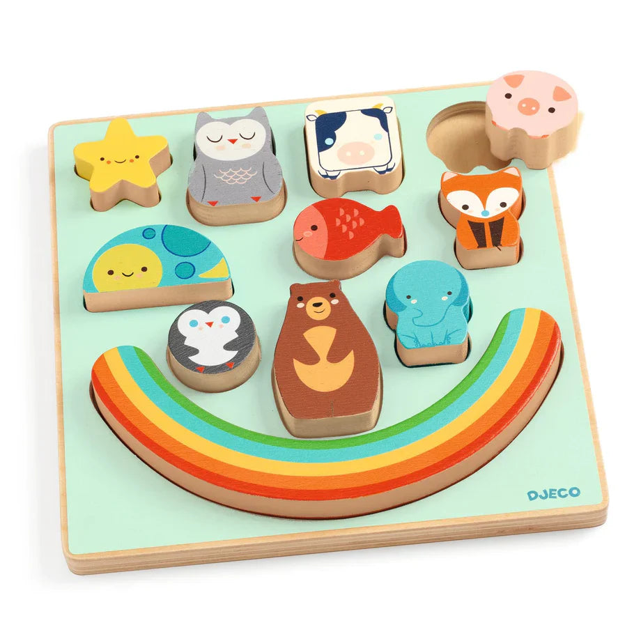 Puzz & Boom Rainbow Puzzle wooden 3D animal shapes with rainbow base for easy assembly and balancing game.