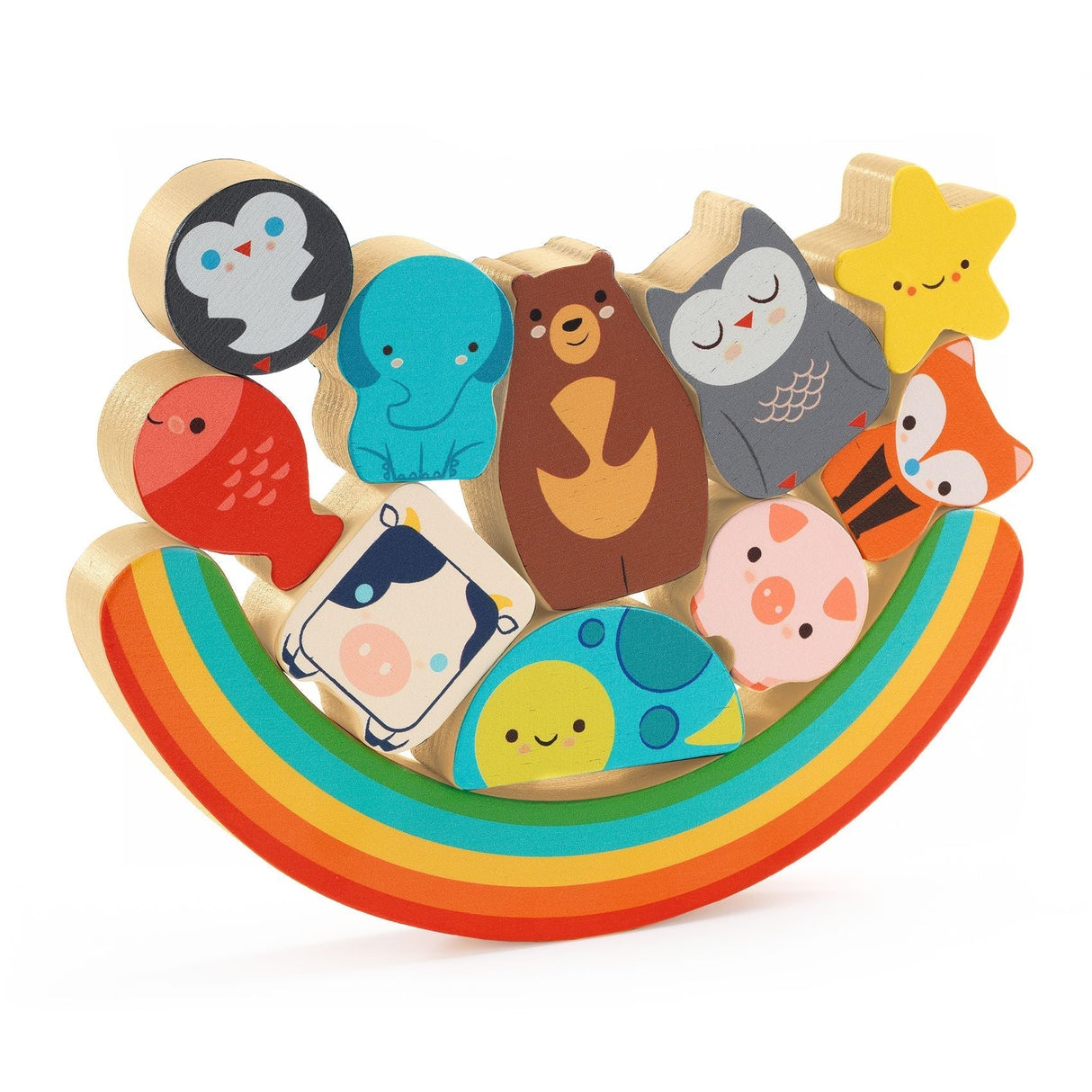 Puzz & Boom Rainbow Puzzle wooden balancing game with colorful animal shapes stacking on a rainbow base for toddlers.