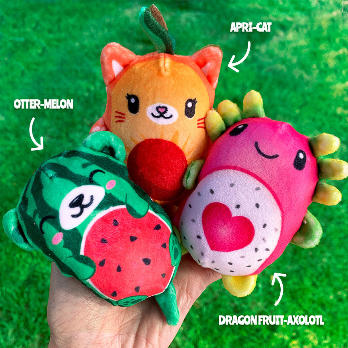Hand holding Bubble Stuffed Squishy Friend Fruit plush toys Otter-Melon, Apri-Cat, and Dragon Fruit-Axolotl designs.