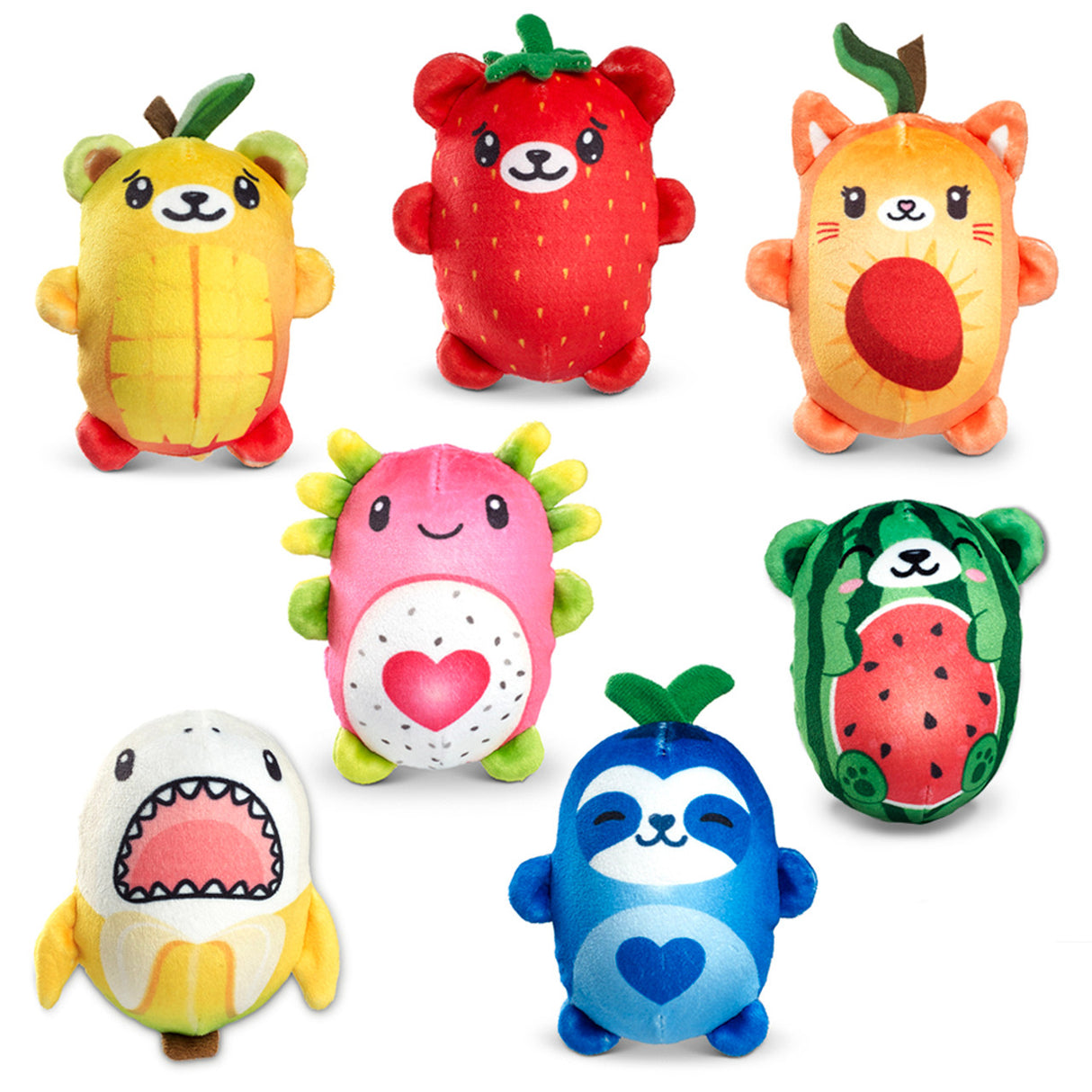 Bubble Stuffed Squishy Friend Fruit showing seven colorful fruit-themed plush characters with soft bubble-stuffed texture.