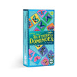 Box of Giant Shiny Butterfly Dominoes featuring colorful butterfly designs with holographic foil accents for family play.