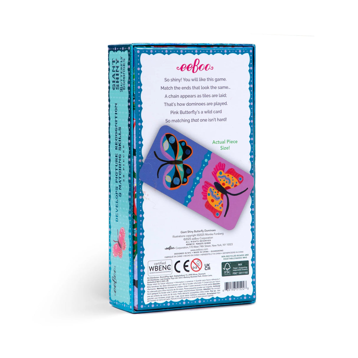 Giant Shiny Butterfly Dominoes box showing colorful butterfly tiles with shiny holographic foil and game details.