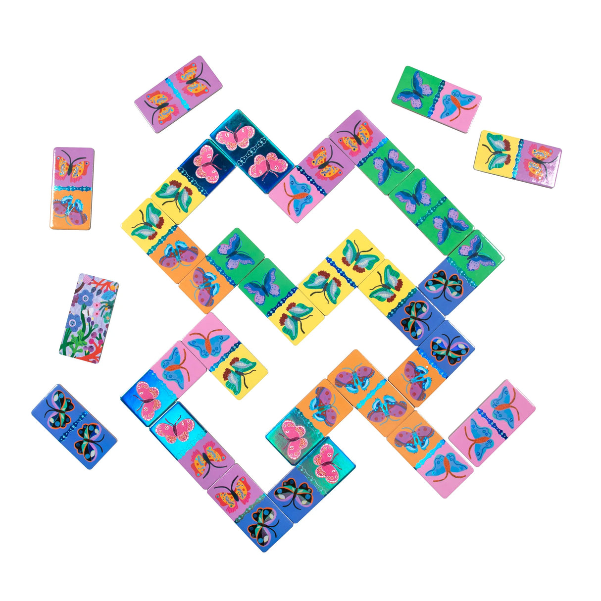 Giant Shiny Butterfly Dominoes showing colorful butterfly tiles with holographic foil arranged on a white background.
