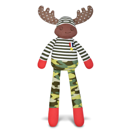 Organic plush moose toy with striped shirt, camouflage pants, and polka-dot antlers, safe and hypoallergenic for all ages