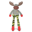 Organic plush moose toy with striped shirt, camouflage pants, and polka-dot antlers, safe and hypoallergenic for all ages