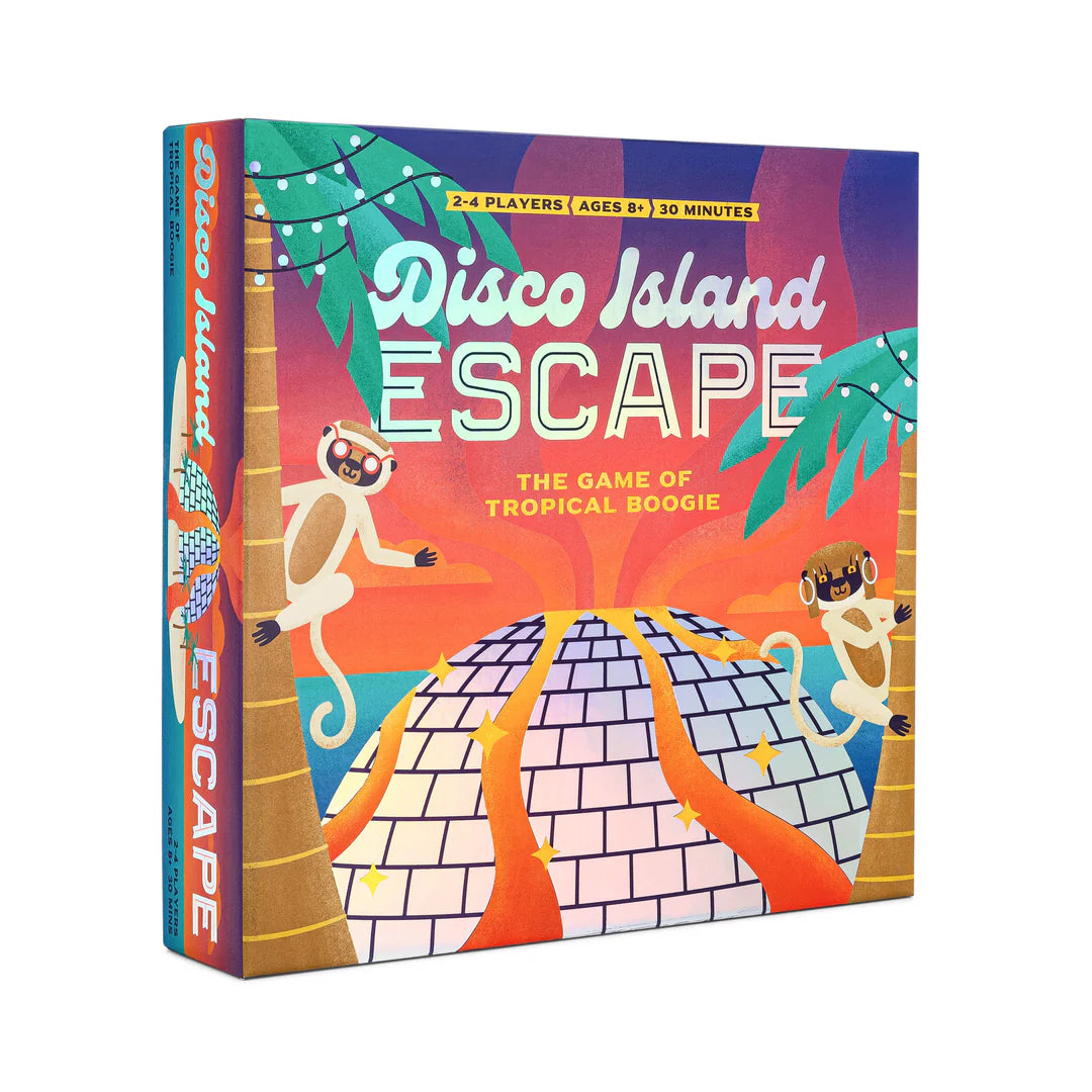 Disco Island Escape board game box featuring dancing lemurs and a disco ball volcano under tropical palm trees.