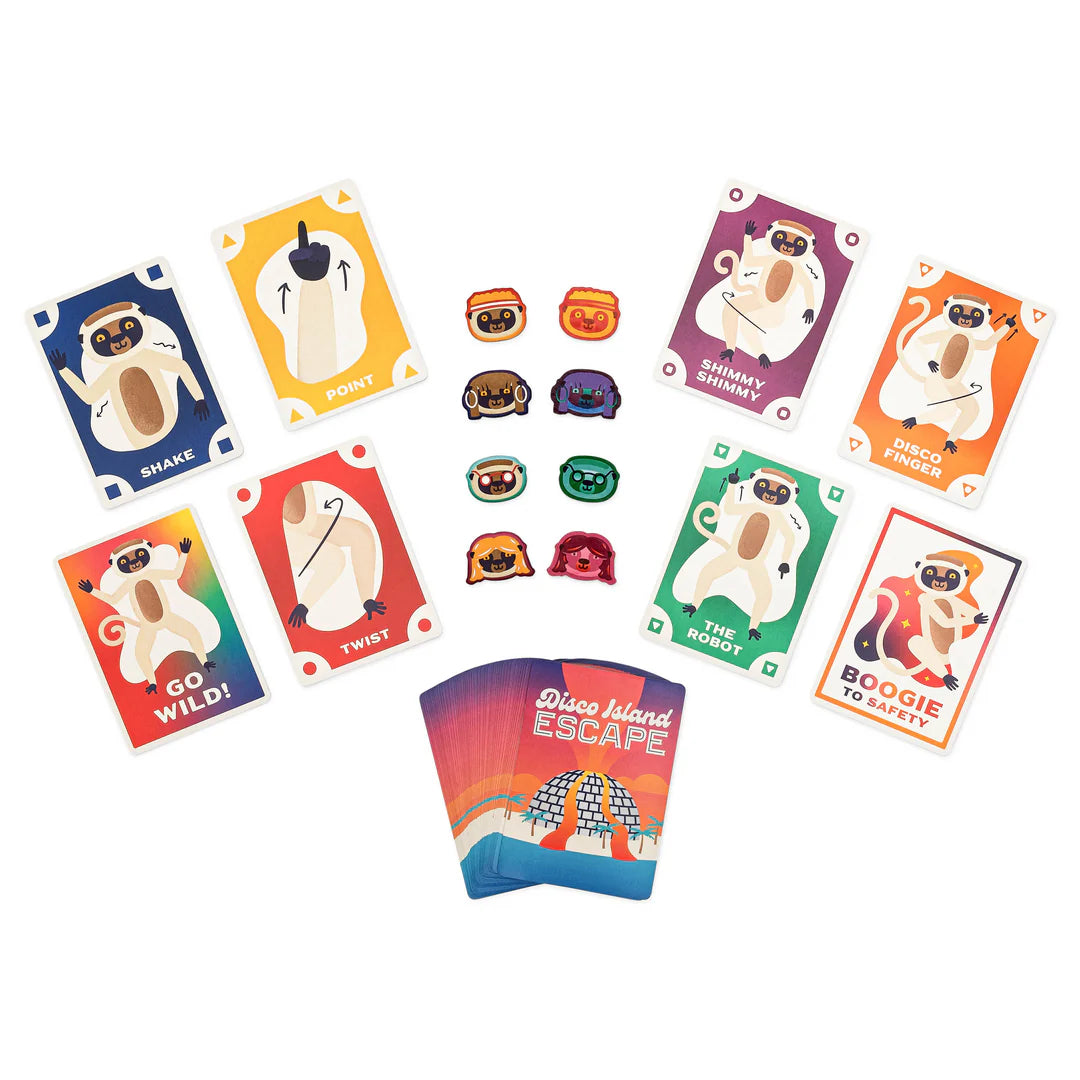 Disco Island Escape game cards featuring dancing sifaka lemurs with colorful moves and Boogie to Safety card.