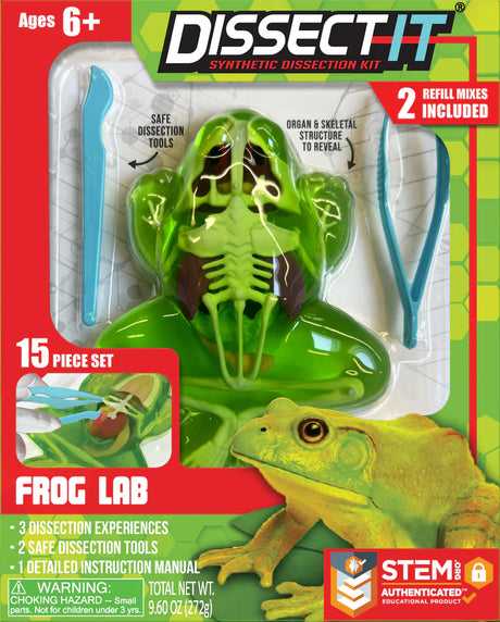 Dissect-It Frog Lab synthetic dissection kit with safe tools, organ and skeletal structure, and refill mixes for ages 6 and up.
