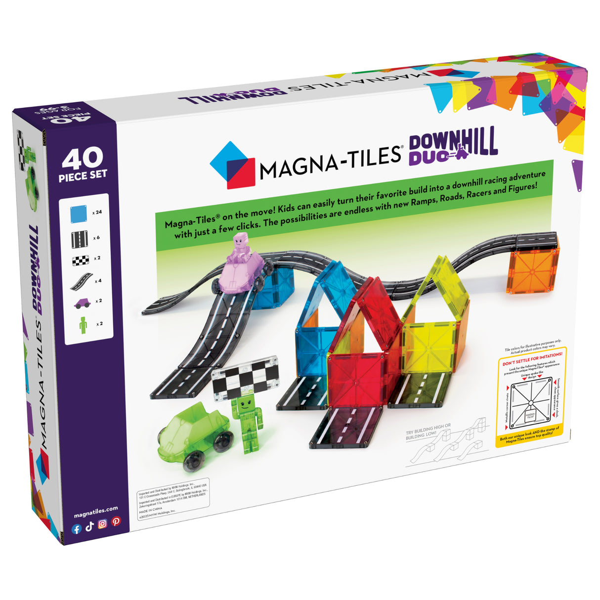Magnatiles Downhill Duo 40pc set with colorful ramps, roads, vehicles, and figures for creative downhill racing play.