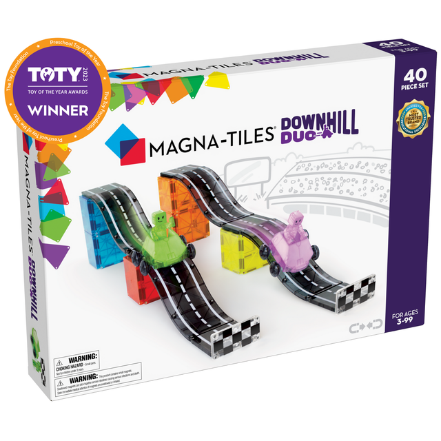 Magnatiles Downhill Duo 40pc set with colorful ramps, vehicles, and figures for creative downhill play and learning.