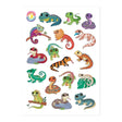 Sheet of 17 colorful glossy reptile stickers featuring snakes, lizards, geckos, and other cute kawaii creatures