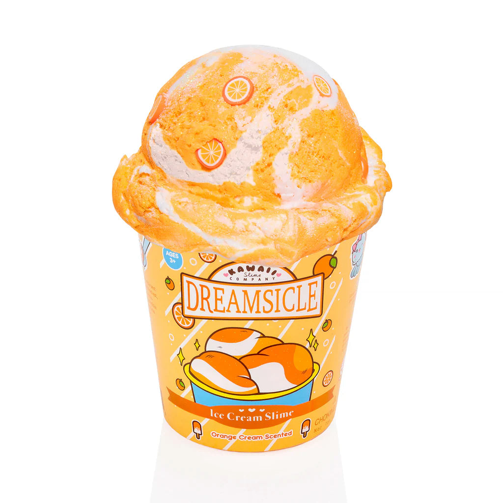 Dreamsicle Ice Cream Slime in orange cream scented slime shaped like a scoop of ice cream in a cup.