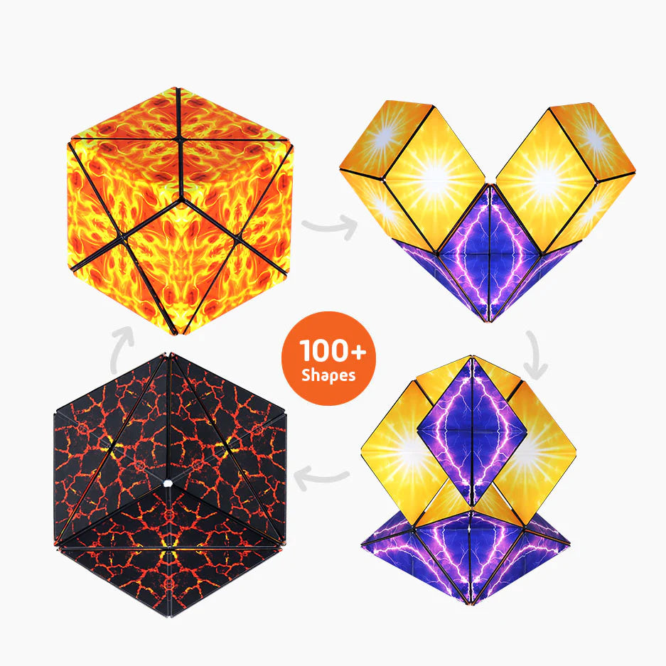 Duomoto | Inferno magnetic puzzle cube with fiery designs transforming into multiple shapes and patterns.