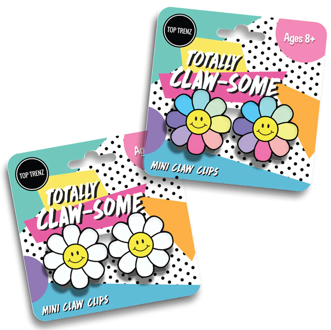 Mini Claw Clips Daisy featuring colorful smiling daisy hair accessories in assorted colors for kids ages 8 and up.