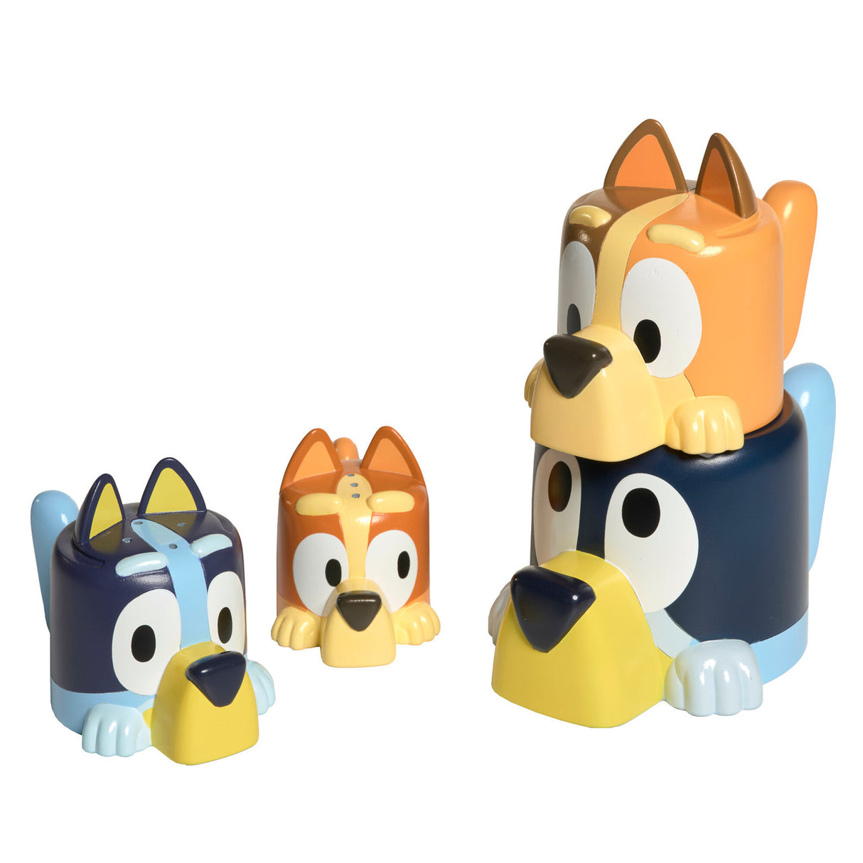Bluey Family Pourers stacked and nested colorful pouring cups shaped like Bluey characters for bath time fun.